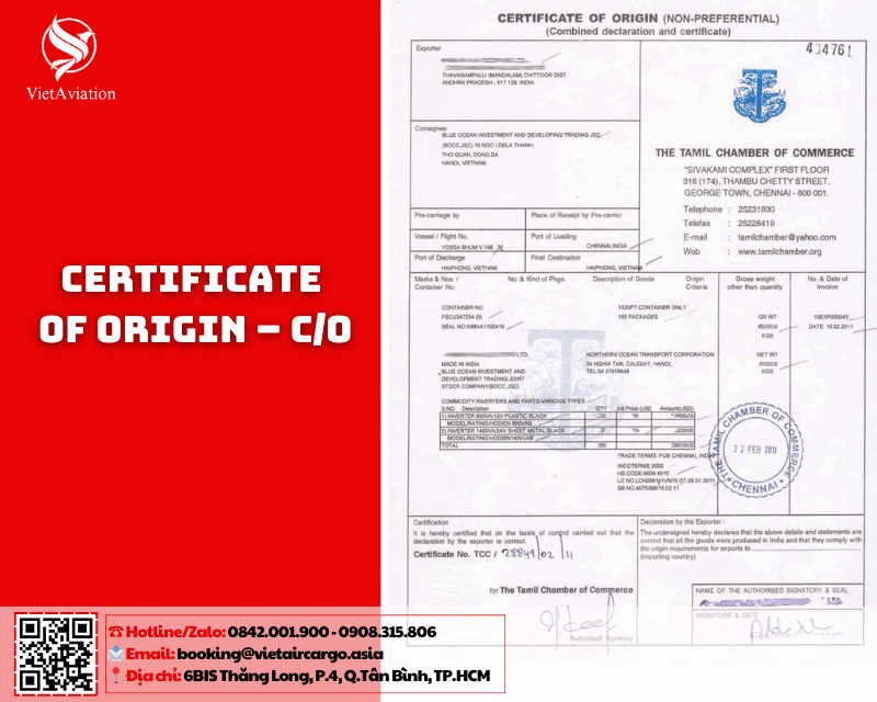 Giấy chứng nhận xuất xứ hàng hóa (Certificate of Origin – C/O)
