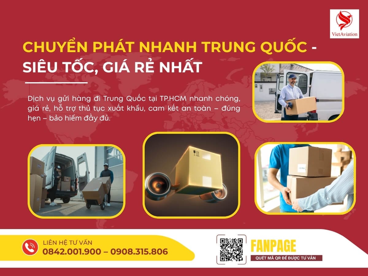 Banner giới thiệu dịch vụ chuyển phát nhanh Trung Quốc, nhấn mạnh tốc độ, giá rẻ và tiện lợi với hình ảnh minh họa đa dạng.