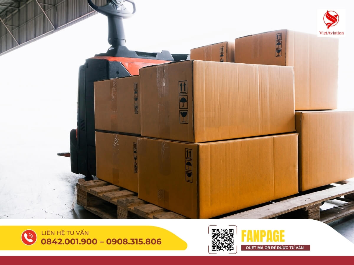 Nhân viên xếp thùng carton lên pallet để gửi hàng nhanh đi Trung Quốc.