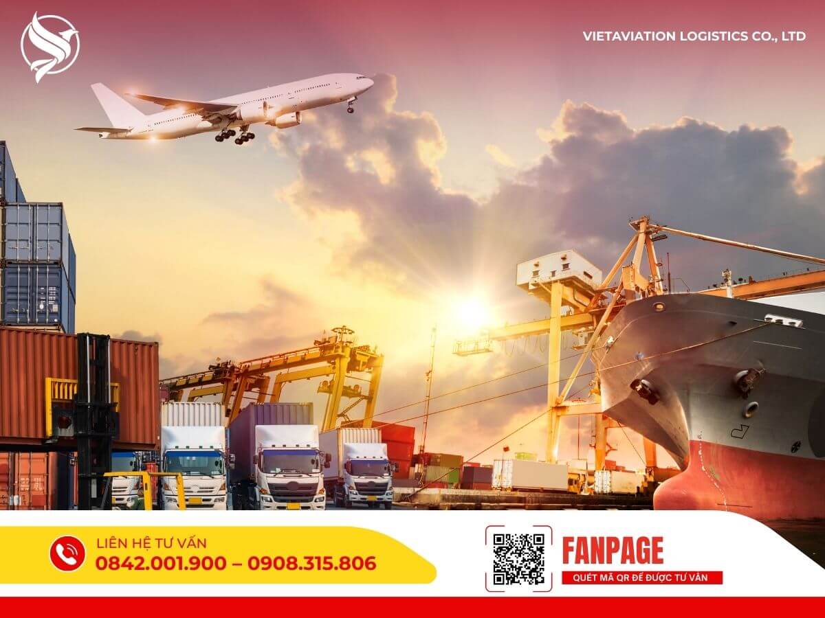Hình ảnh minh họa dịch vụ vận tải đa phương thức: máy bay, tàu biển, xe container phục vụ vận chuyển hàng Trung Quốc về Việt Nam.
