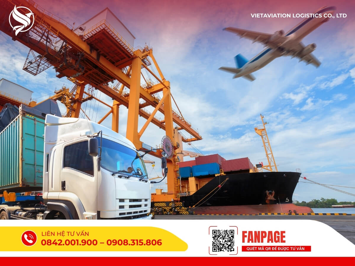 Xe container, tàu biển và máy bay trong hoạt động logistics quốc tế.
