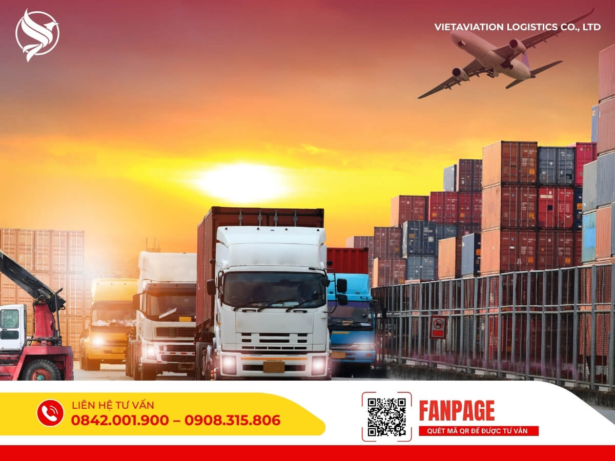 Đội xe container và máy bay chở hàng hóa xuất nhập khẩu giữa Việt Nam và Trung Quốc, đa dạng phương thức vận chuyển.