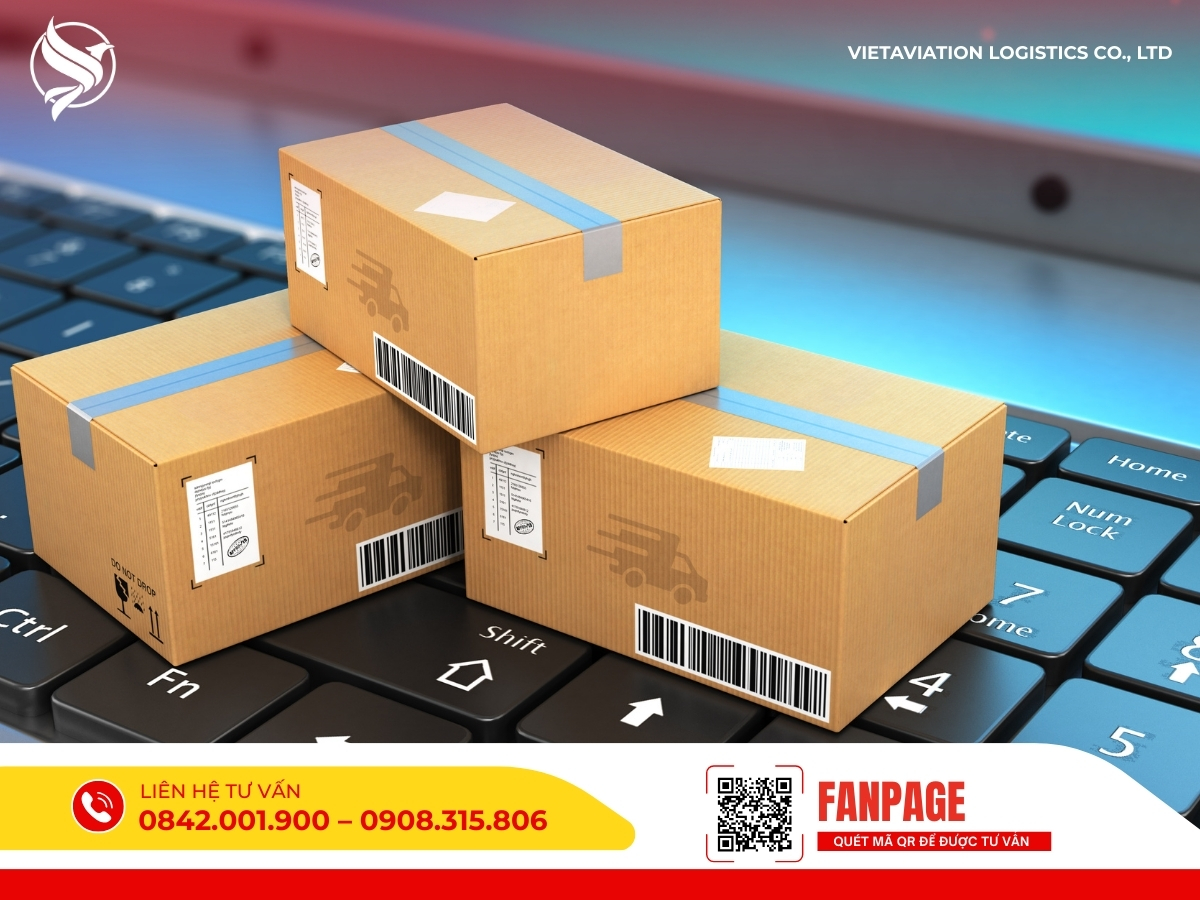Hộp carton đóng gói gọn gàng, có mã vạch và thông tin vận chuyển cho hàng từ Việt Nam sang Trung Quốc.