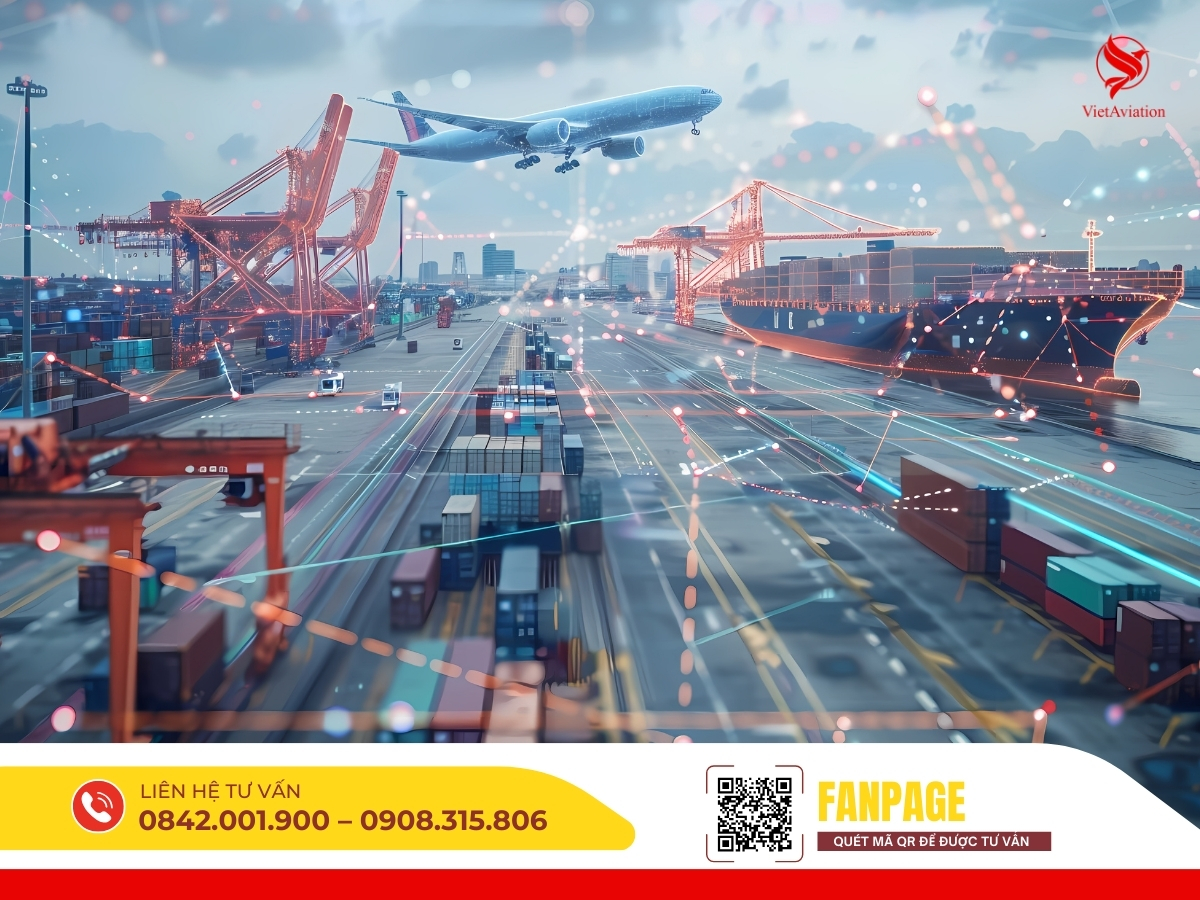 Dịch vụ vận chuyển hàng hóa từ Trung Quốc bằng đường biển và đường hàng không với container, cần cẩu, tàu hàng và máy bay hiện đại.