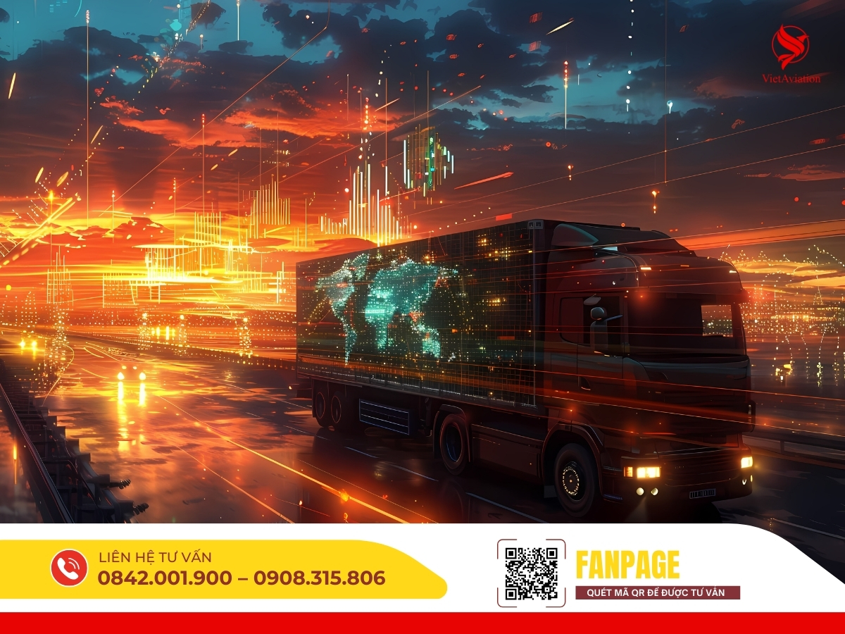 Xe tải vận chuyển hàng hóa từ Trung Quốc về Việt Nam bằng đường bộ trong hệ thống logistics hiện đại, kết hợp công nghệ theo dõi thông minh.