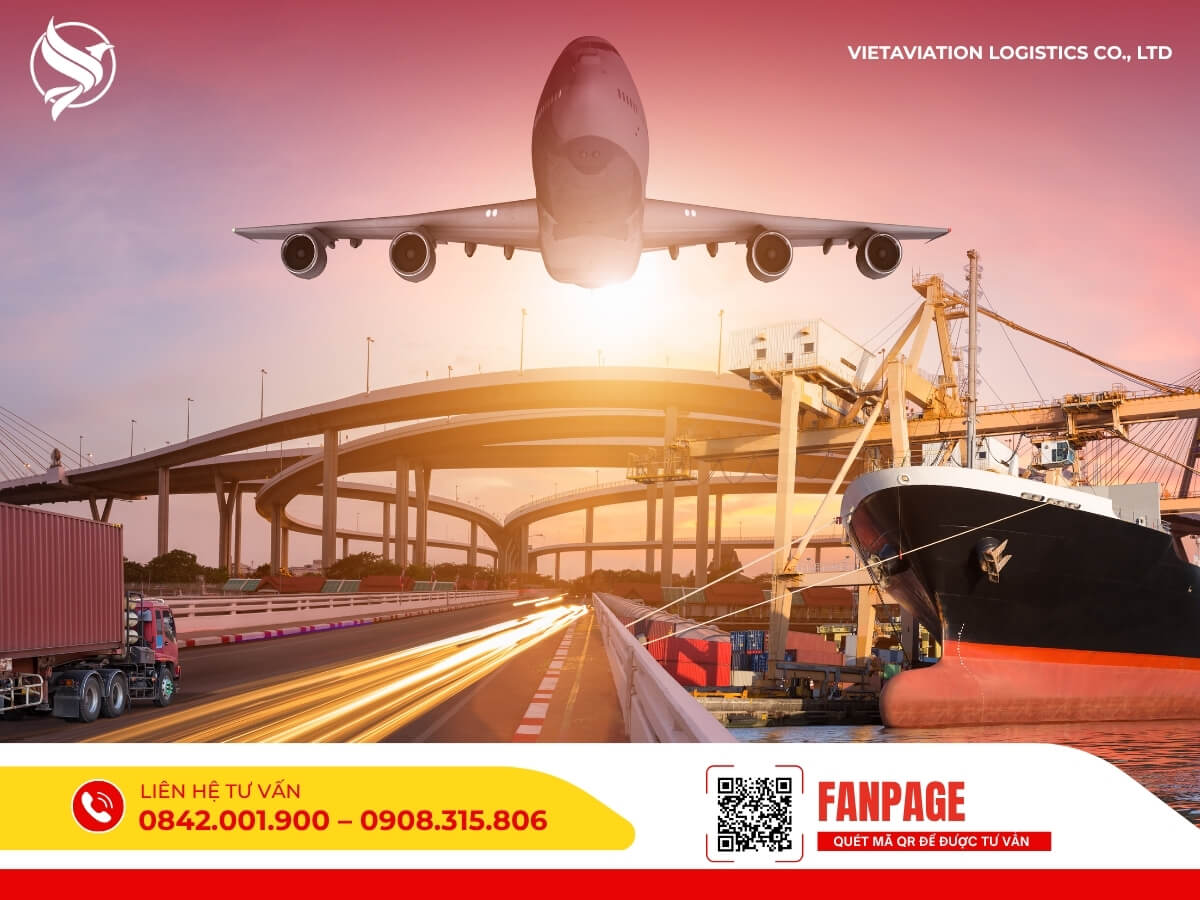 Hình ảnh máy bay, xe container và tàu biển tượng trưng cho các phương thức vận chuyển hàng hóa Việt – Trung phổ biến.