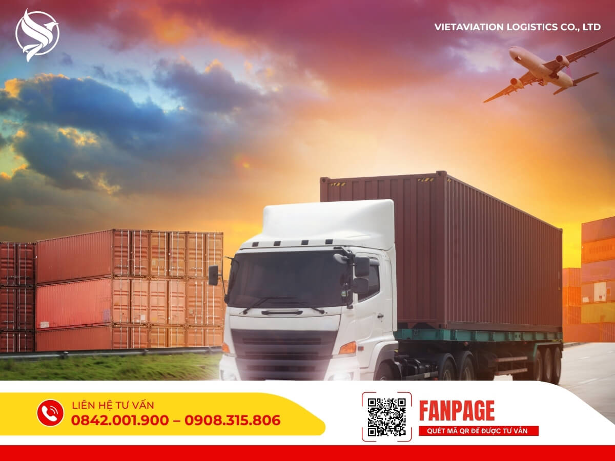 Xe container và máy bay xuất phát, biểu tượng của dịch vụ vận chuyển đa phương tiện Việt – Trung.