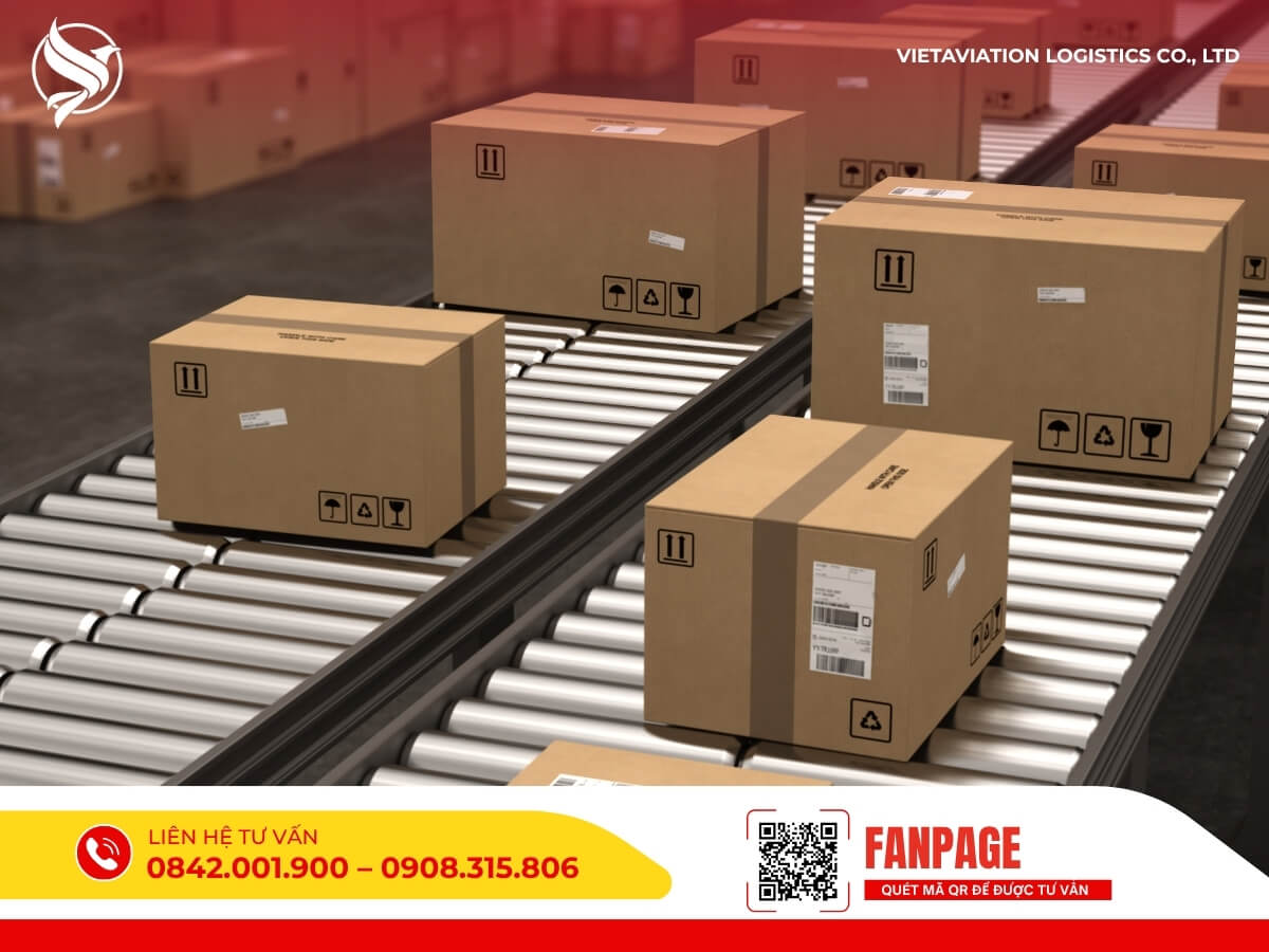 Thùng carton được vận chuyển tự động trên băng chuyền tại kho, chuẩn bị gửi sang Trung Quốc.