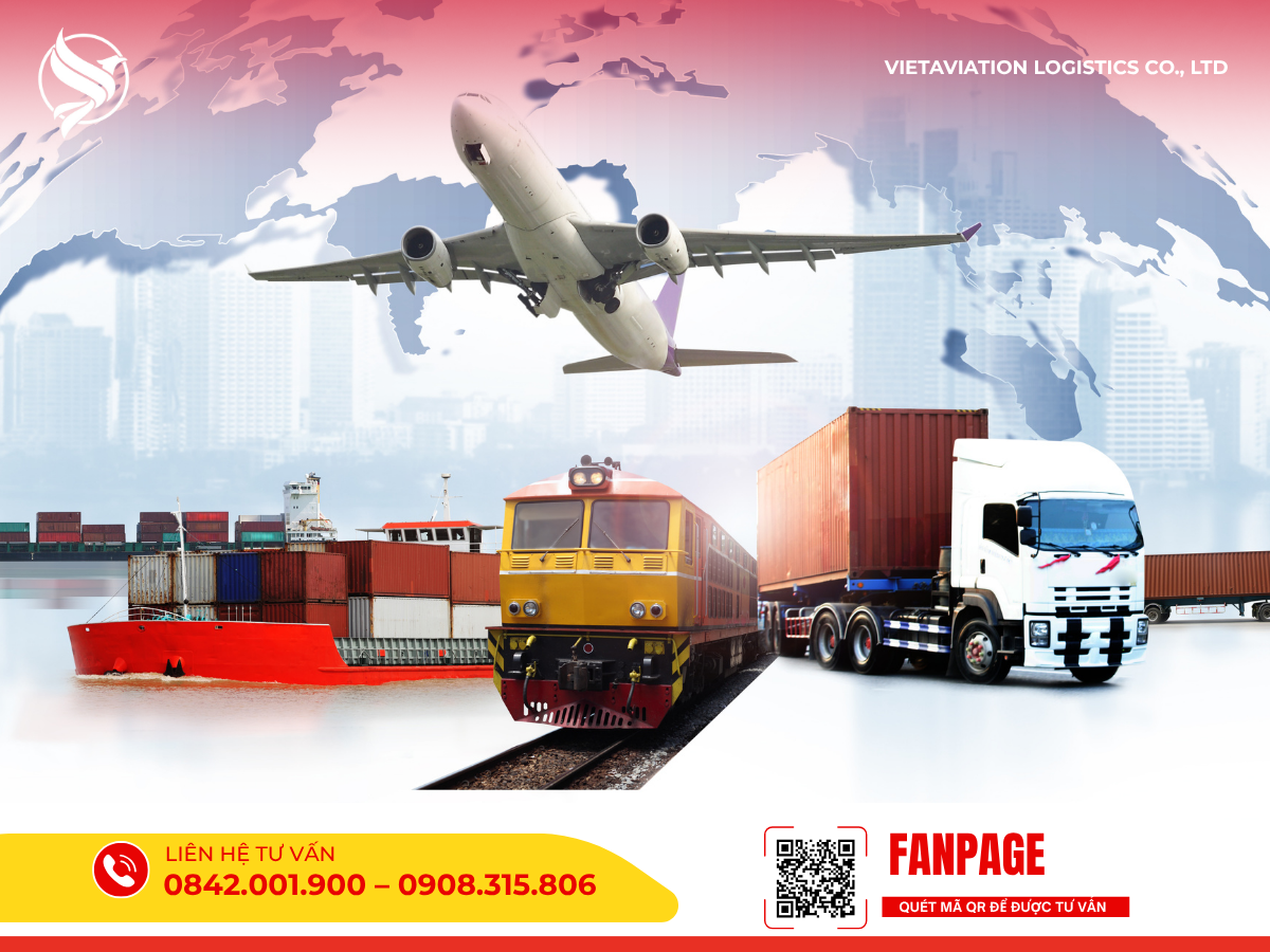 Các phương thức vận chuyển hàng hóa quốc tế đường hàng không, đường bộ và đường biển.