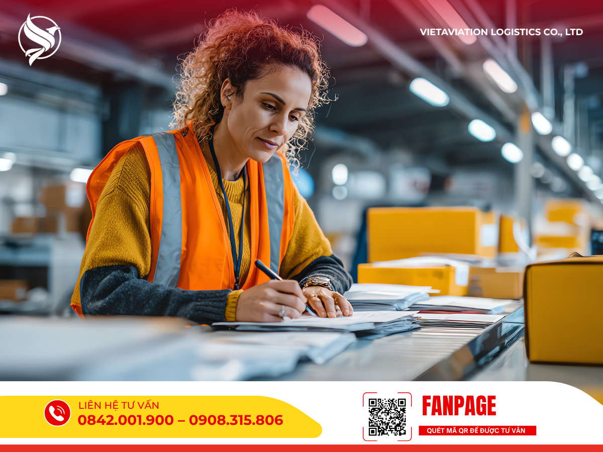 Một nhân viên logistics đang kiểm tra cẩn thận các thủ tục và giấy tờ cần thiết để gửi hàng đi Mông Cổ tại kho.