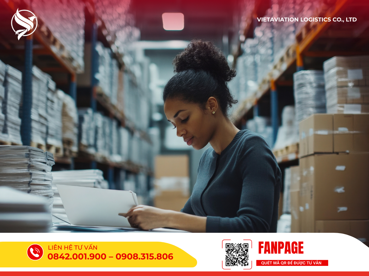 Nhân viên VietAviation Logistics đang trao đổi và rà soát kỹ hồ sơ, chứng từ.