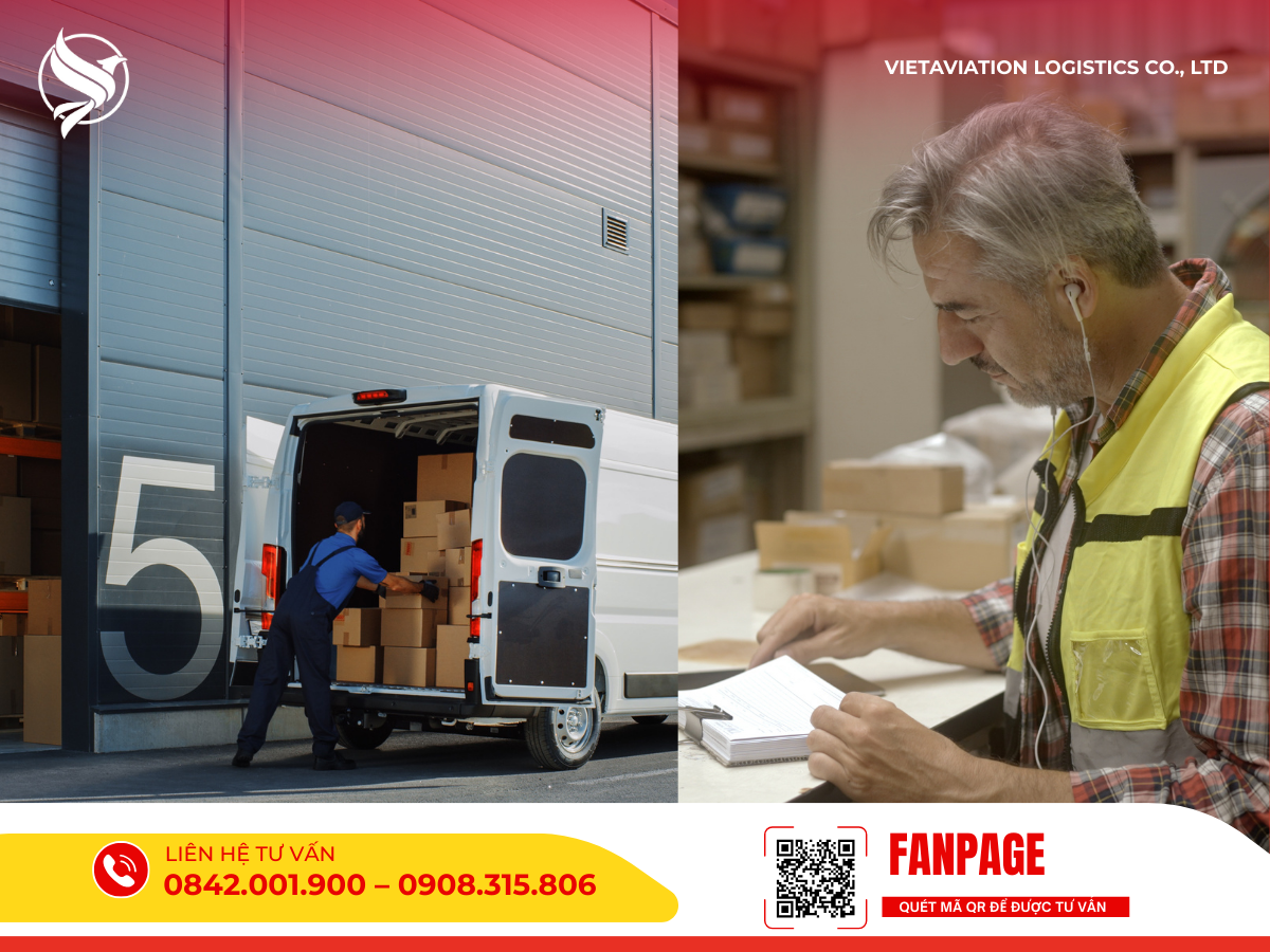 Nhân viên rà soát giấy tờ và xếp thùng carton lên xe tải.