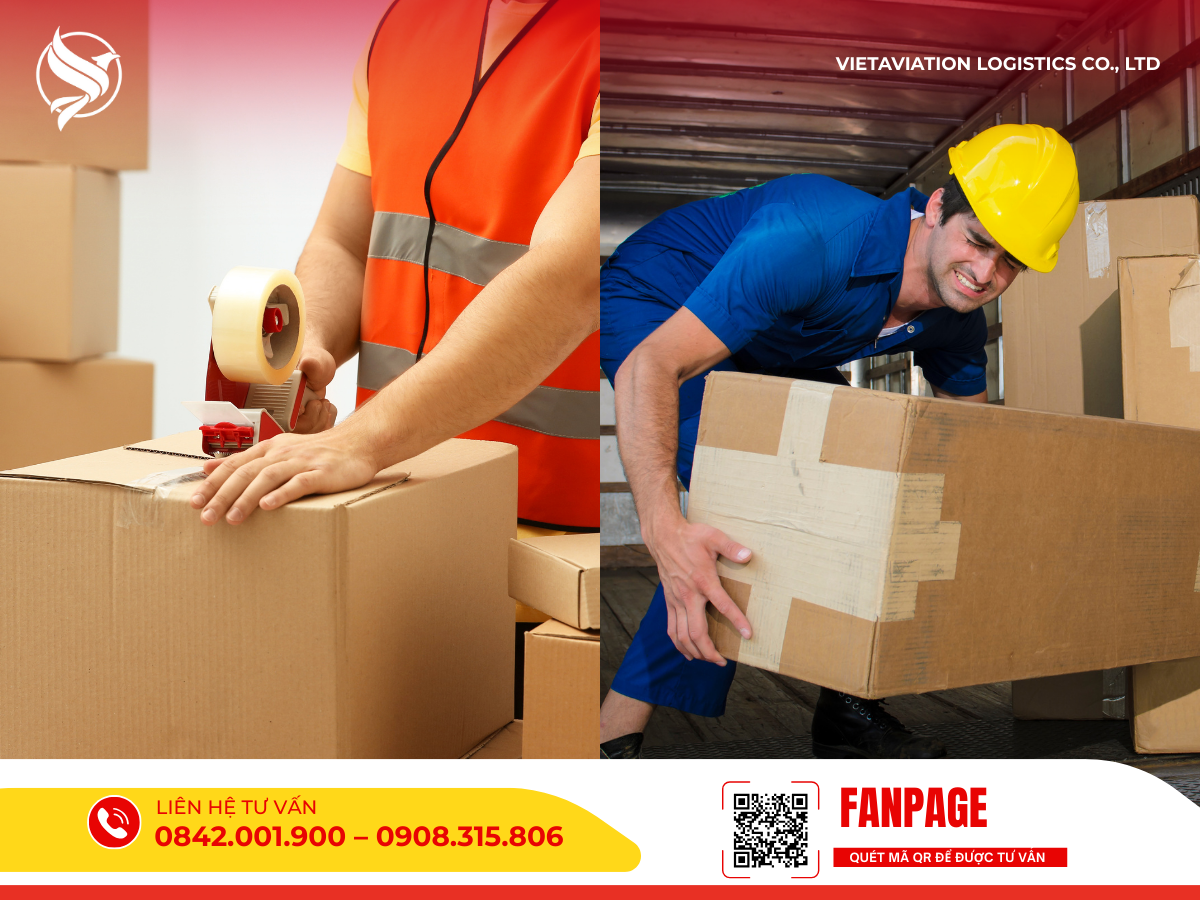 Nhân viên đang đóng gói cẩn thận và thực hiện bốc xếp kiện hàng nặng lên xe tải, đảm bảo tuân thủ quy trình kỹ thuật an