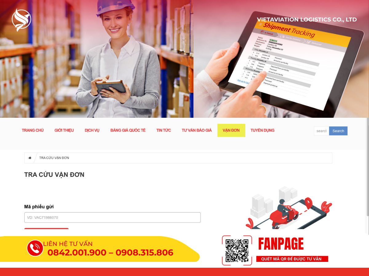Giao diện tra cứu hành trình đơn hàng (Tracking) trực tuyến trên website.