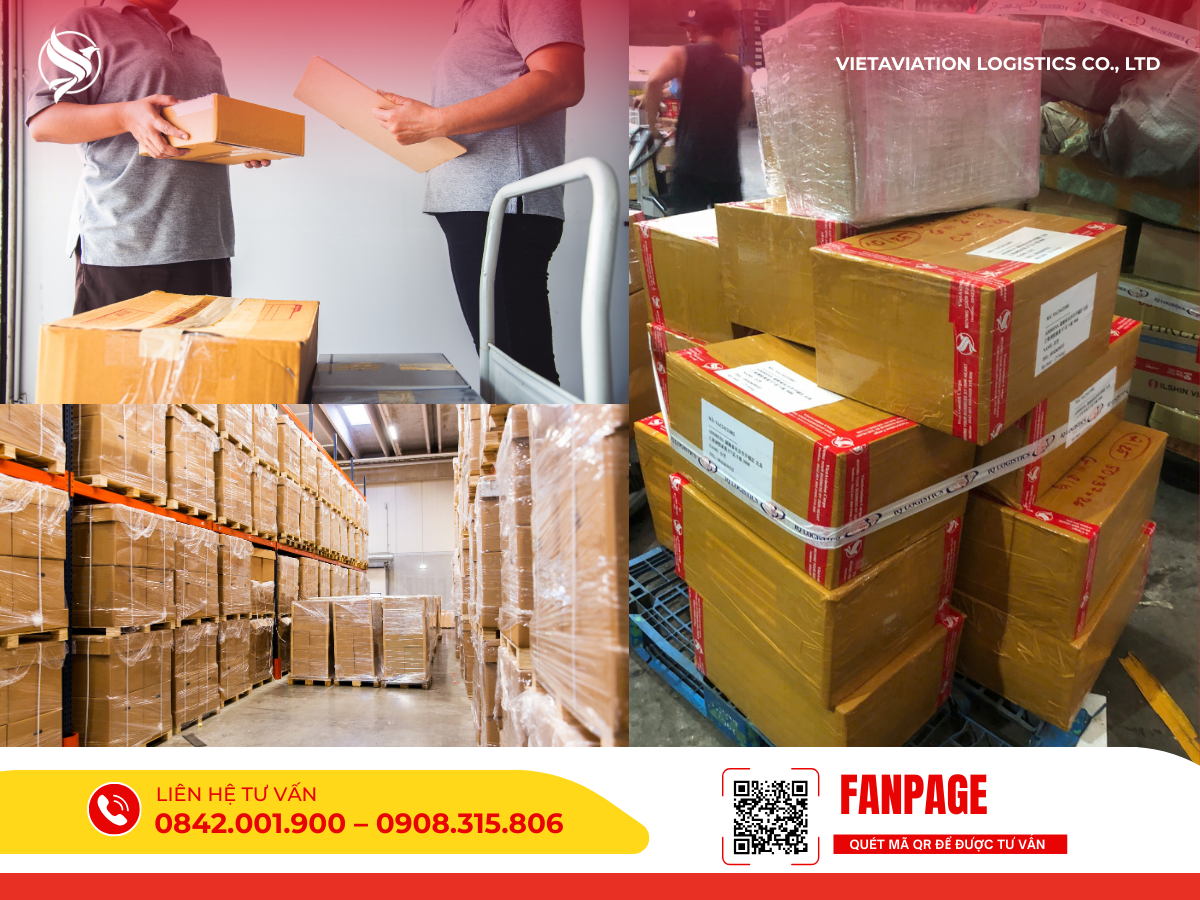 Hình ảnh nhân viên đang xử lý và sắp xếp các kiện hàng được đóng gói kỹ lưỡng bằng thùng carton và băng keo chuyên dụng.