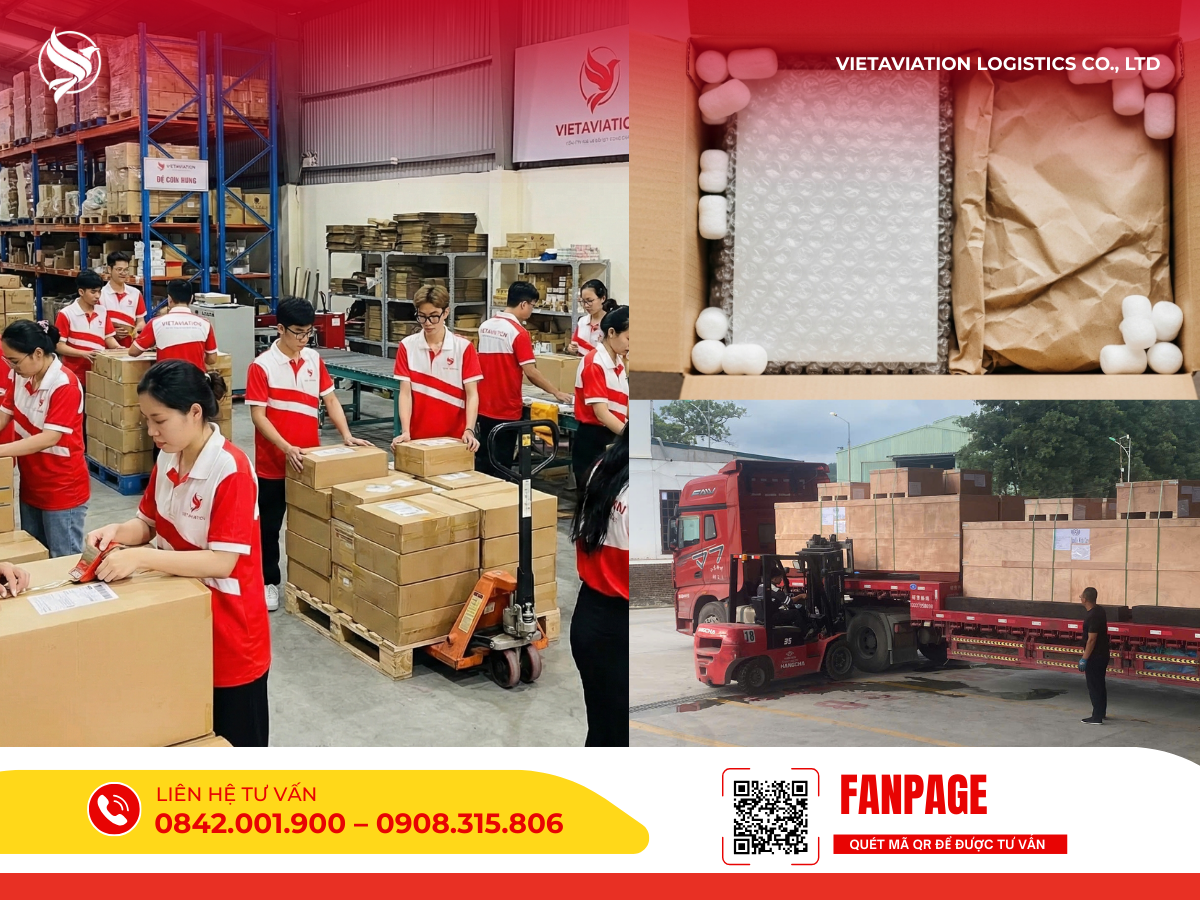 Quy trình đóng gói hàng hóa chuyên nghiệp với xốp nổ, thùng carton và kiện gỗ tại kho.