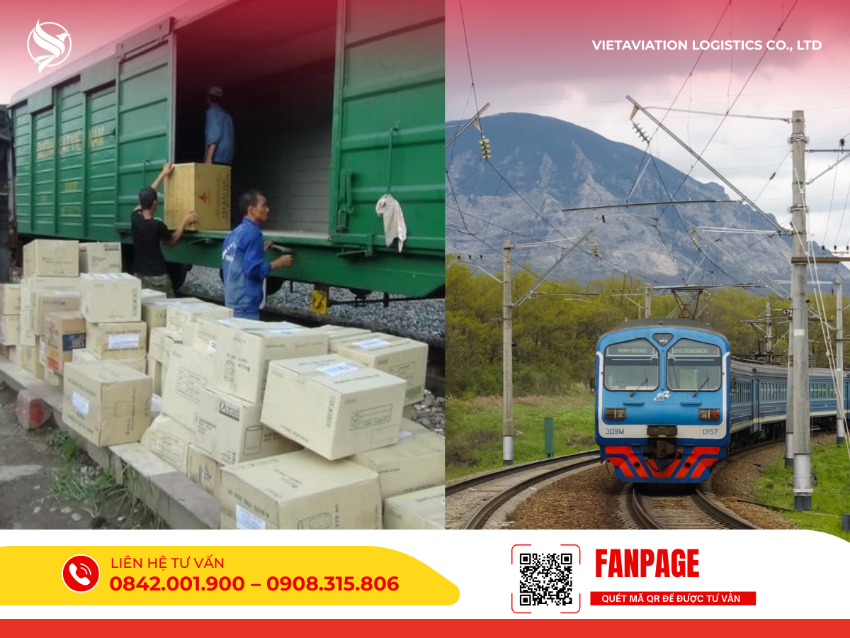 Hoạt động vận tải đường sắt: nhân viên đang xếp dỡ hàng hóa thủ công lên toa tàu và đoàn tàu đang di chuyển xuyên qua vùng núi.