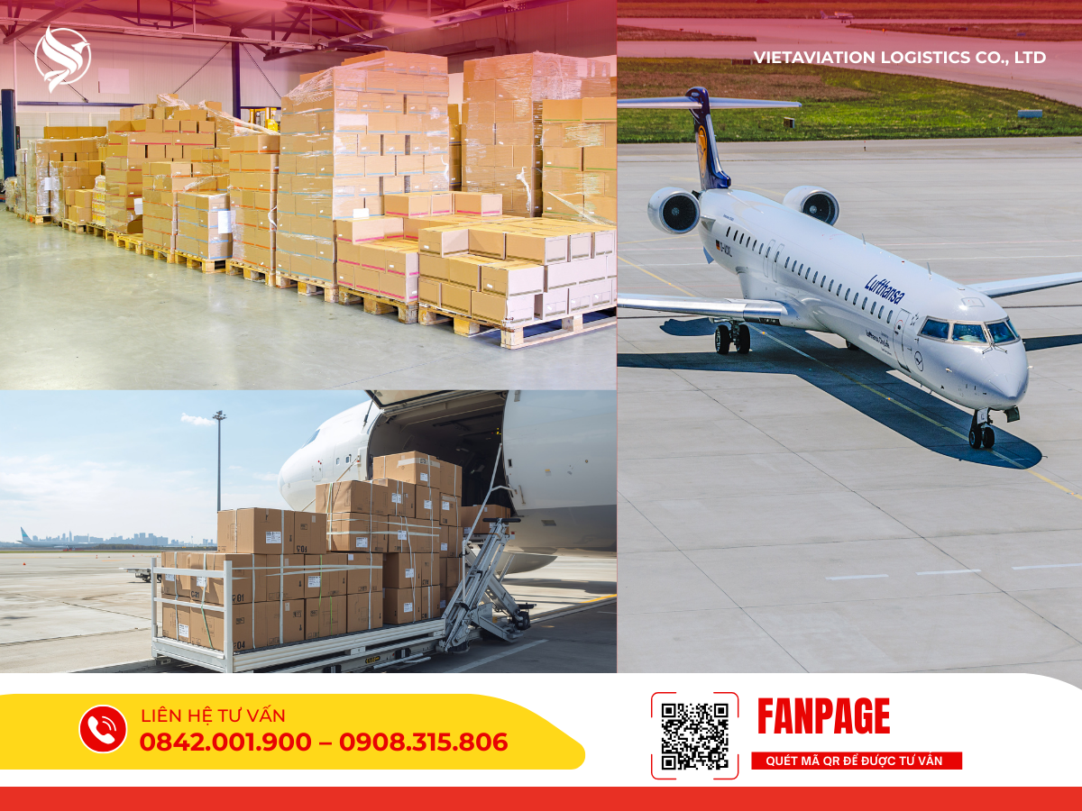 Quy trình vận chuyển hàng không hỏa tốc, bao gồm hàng hóa được tập kết tại kho và máy bay thương mại sẵn sàng cất cánh, đại diện cho lộ trình gửi hàng 1kg đi Mông Cổ.