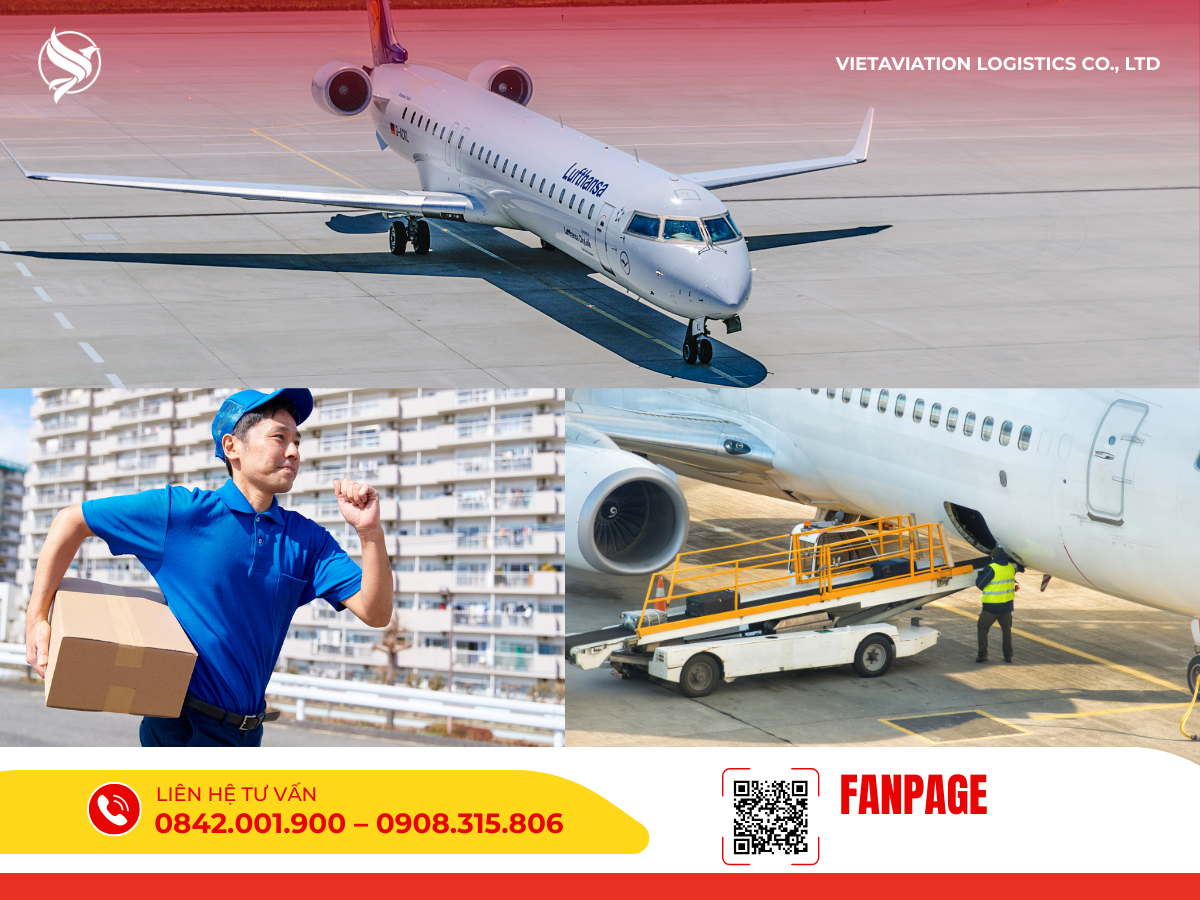 Tốc độ vận chuyển vượt trội: máy bay phản lực đang lăn bánh trên đường băng, kết hợp với hình ảnh nhân viên giao nhận đang chạy đua với thời gian để phát hàng và quy trình xử lý hàng hóa khẩn trương tại sân bay.