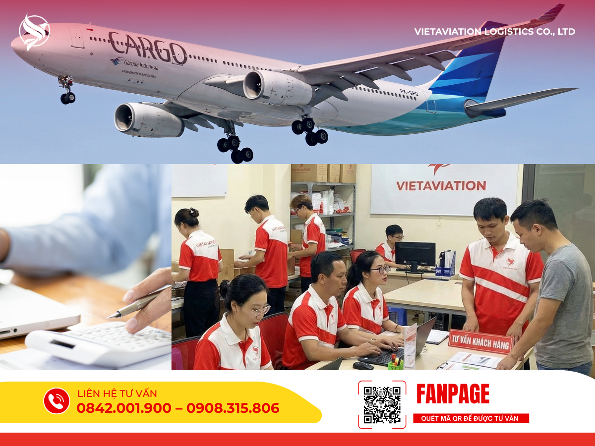 Hình ảnh máy bay hàng không dân dụng chở hàng trên bầu trời và hoạt động xử lý chứng từ, đóng gói hàng hóa tại văn phòng, minh họa cho quy trình vận chuyển hàng không trọn gói.