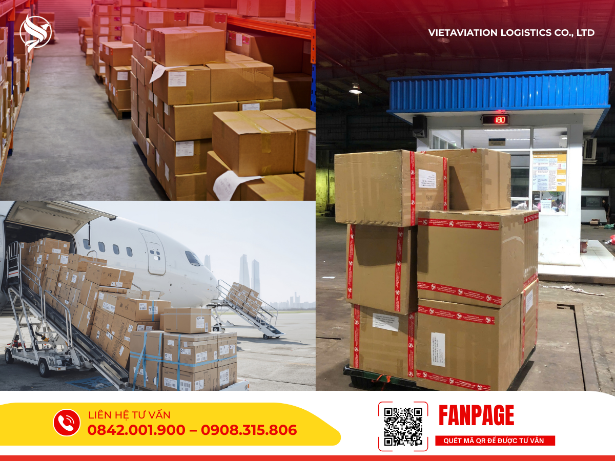 Hàng hóa được xếp ngăn nắp trên kệ kho, quá trình đưa các kiện hàng lên khoang máy bay và các thùng hàng mẫu được dán băng keo niêm phong cẩn thận chờ xuất bến.