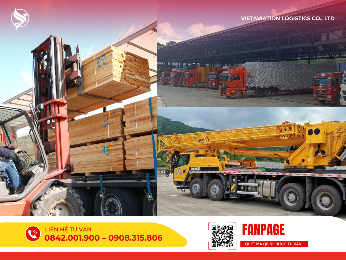 Hình ảnh tổng hợp sức mạnh cơ giới của VietAviation trong vận tải hàng dự án: từ xe nâng bốc xếp các kiện cấu kiện gỗ khổng lồ, dàn xe đầu kéo siêu trọng tập kết tại bãi, cho đến chiếc xe cẩu tự hành cỡ lớn màu vàng đang sẵn sàng thực thi nhiệm vụ.