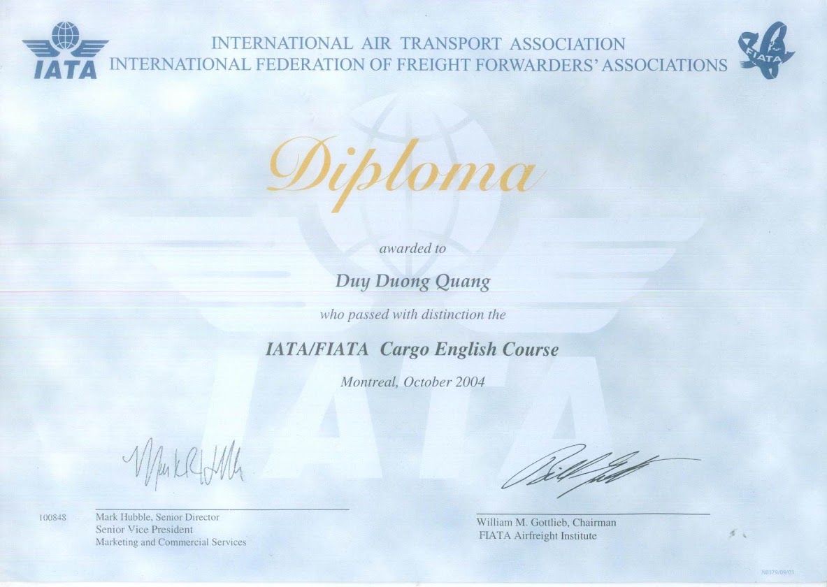 Chứng chỉ Diploma Hiệp Hội Liên Đoàn Vận Tải Hàng Không Quốc Tế
