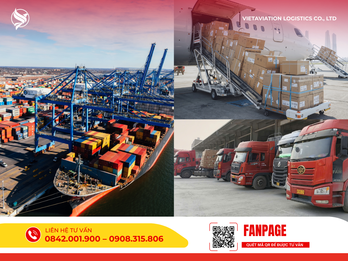Hình ảnh tổng hợp sức mạnh vận tải đa phương thức của VietAviation: từ siêu tàu hàng container bận rộn tại cảng biển nước sâu, máy bay thương mại đang nạp hàng hóa lên khoang, cho đến dàn xe tải đầu kéo màu đỏ hùng hậu xếp hàng chờ lệnh xuất phát.