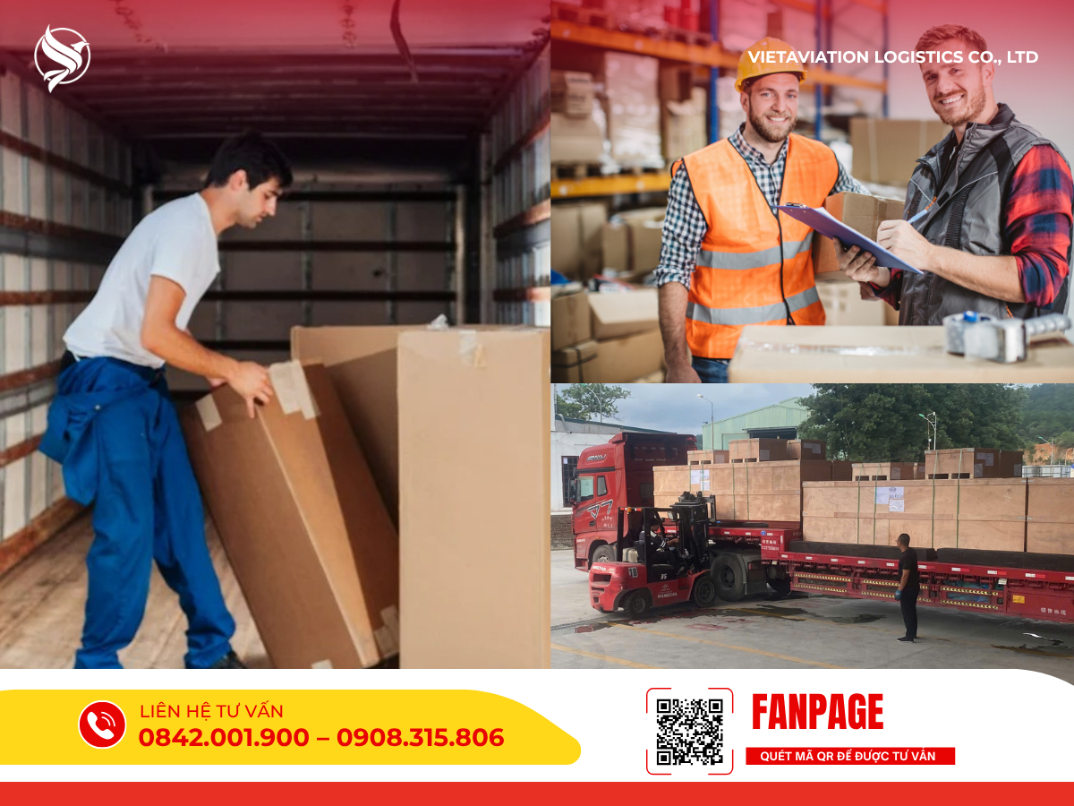 Hình ảnh ghép bốc xếp thùng hàng, kiểm tra kho và chở kiện gỗ.