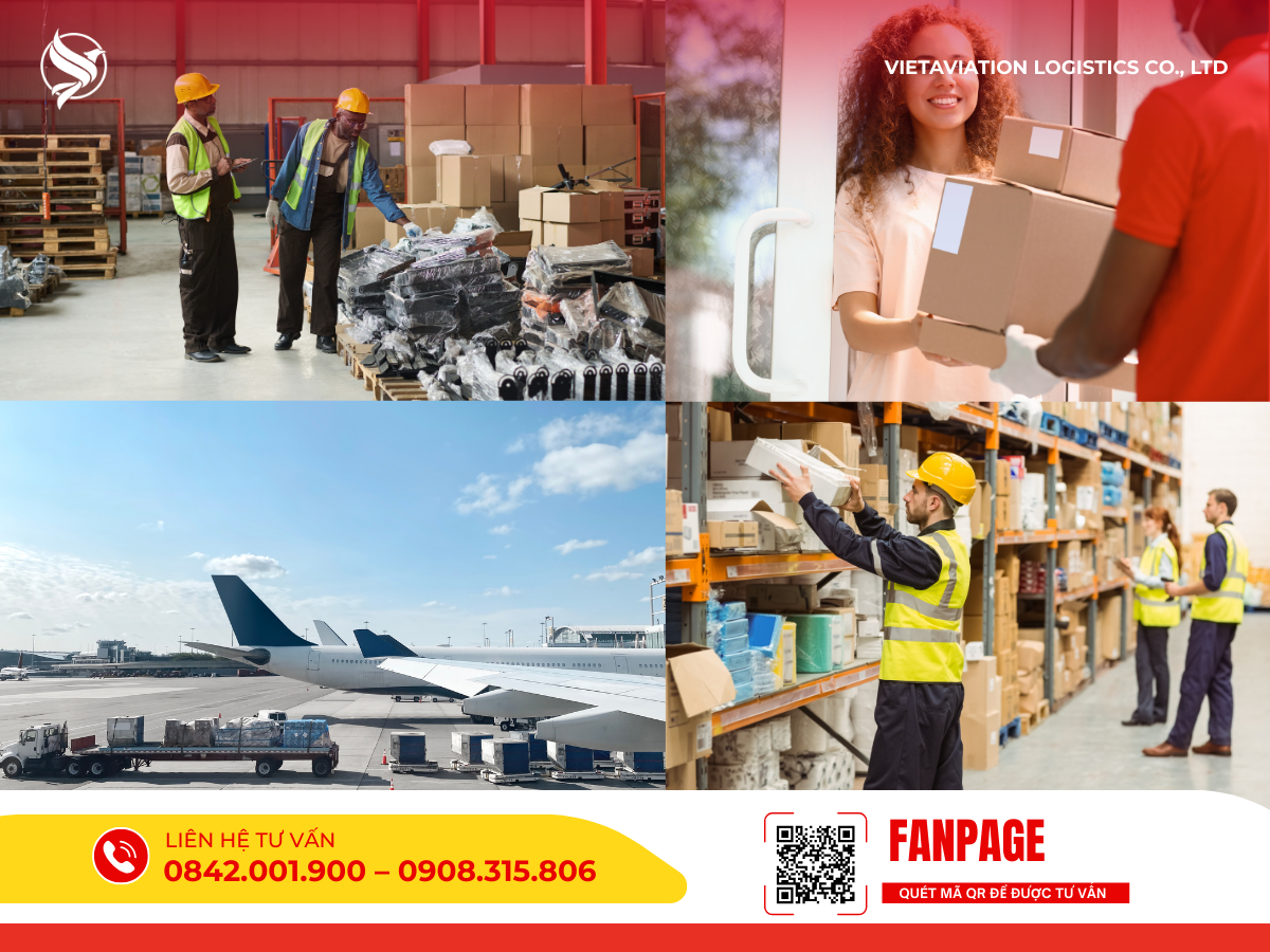 Hình ảnh ghép mô tả các quy trình trong dịch vụ logistics bao gồm: nhân viên kiểm tra hàng hóa tại kho bãi, khách hàng vui vẻ nhận bưu kiện từ nhân viên giao hàng, quá trình tập kết bốc xếp hàng hóa tại sân bay và nhân viên đang sắp xếp các thùng carton lên kệ kho.