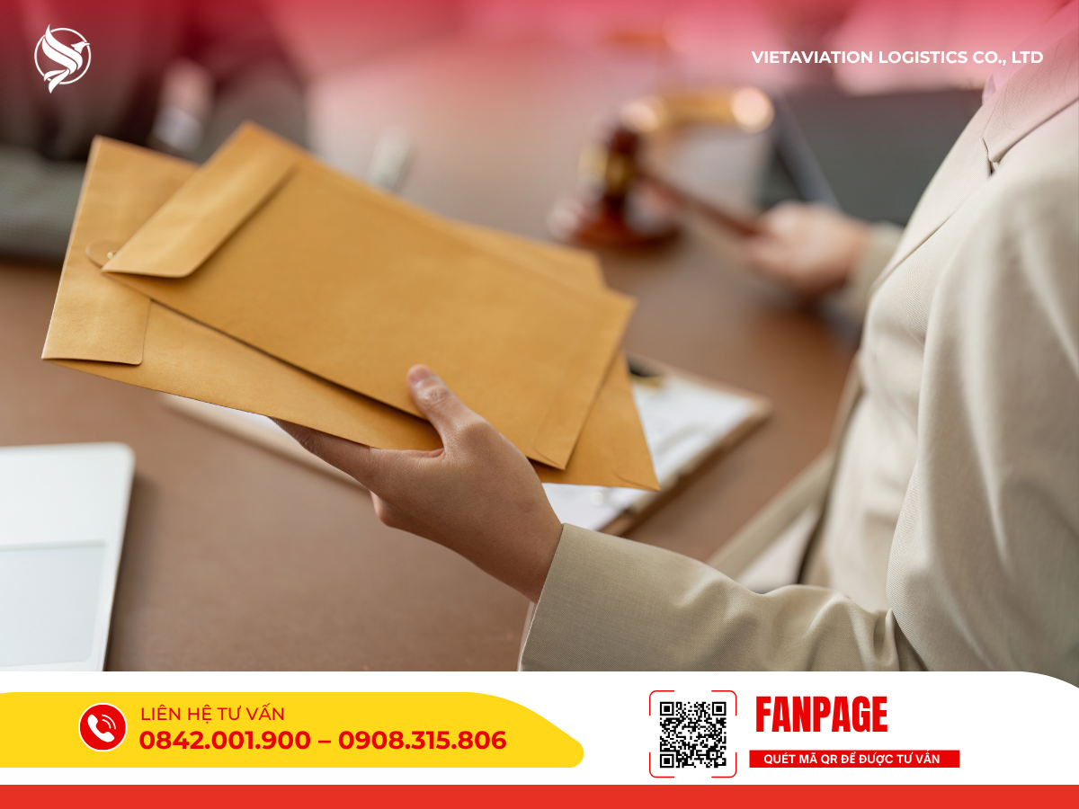 Hình ảnh cận cảnh đôi tay của một người mặc áo vest sáng màu đang cầm hai chiếc phong bì hồ sơ màu nâu, bối cảnh mờ phía sau hiển thị bàn làm việc có laptop và một chiếc búa gõ bằng gỗ.