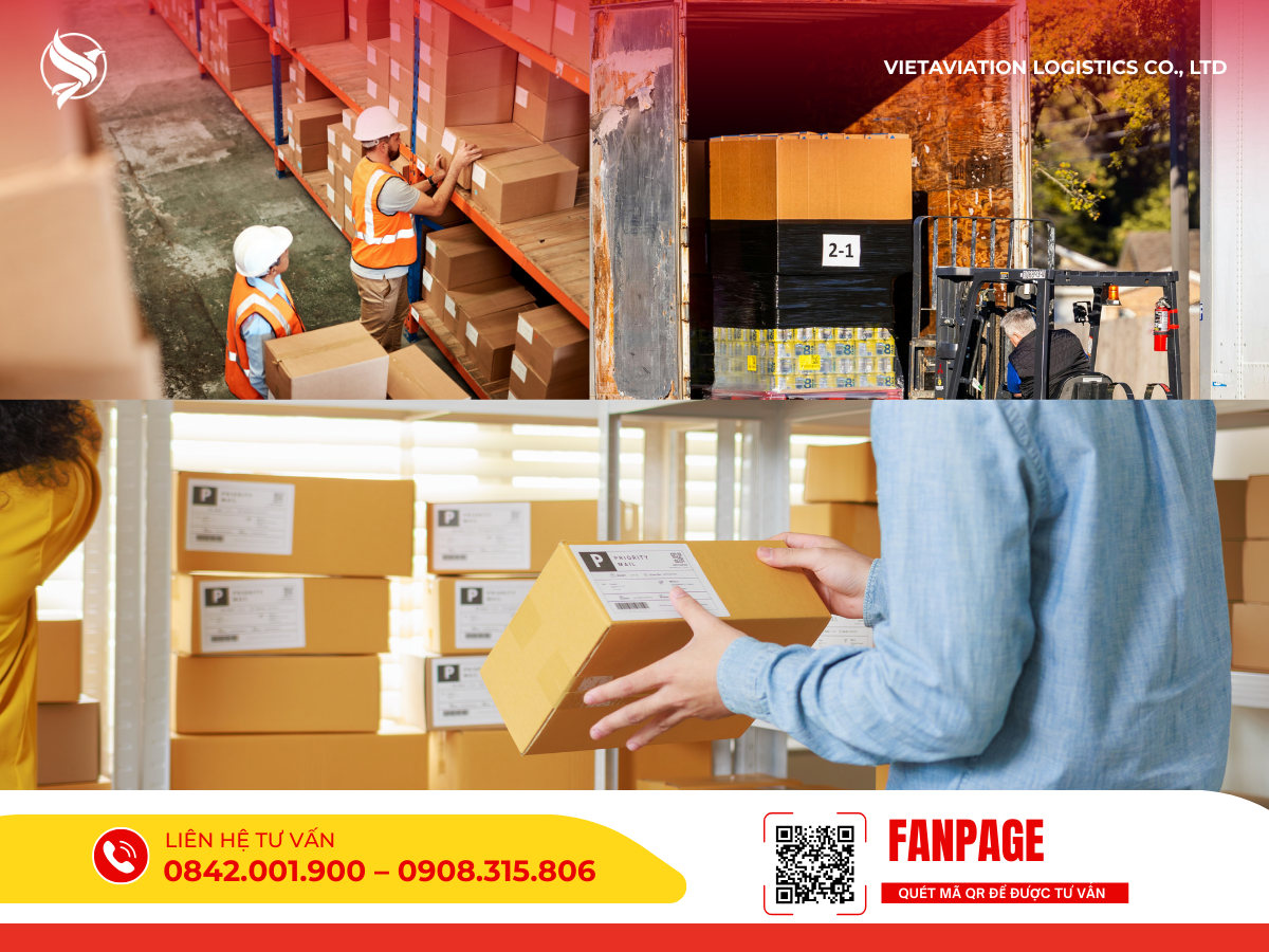 Hình ảnh tổng hợp quy trình đóng gói và bốc xếp hàng hóa chuẩn quốc tế: từ nhân viên kho kiểm tra kiện hàng trên kệ, xe nâng đưa các pallet bọc màng co cẩn thận vào hầm container, cho đến cận cảnh kiện hàng carton được dán tem nhãn (shipping mark) rõ ràng, minh bạch.