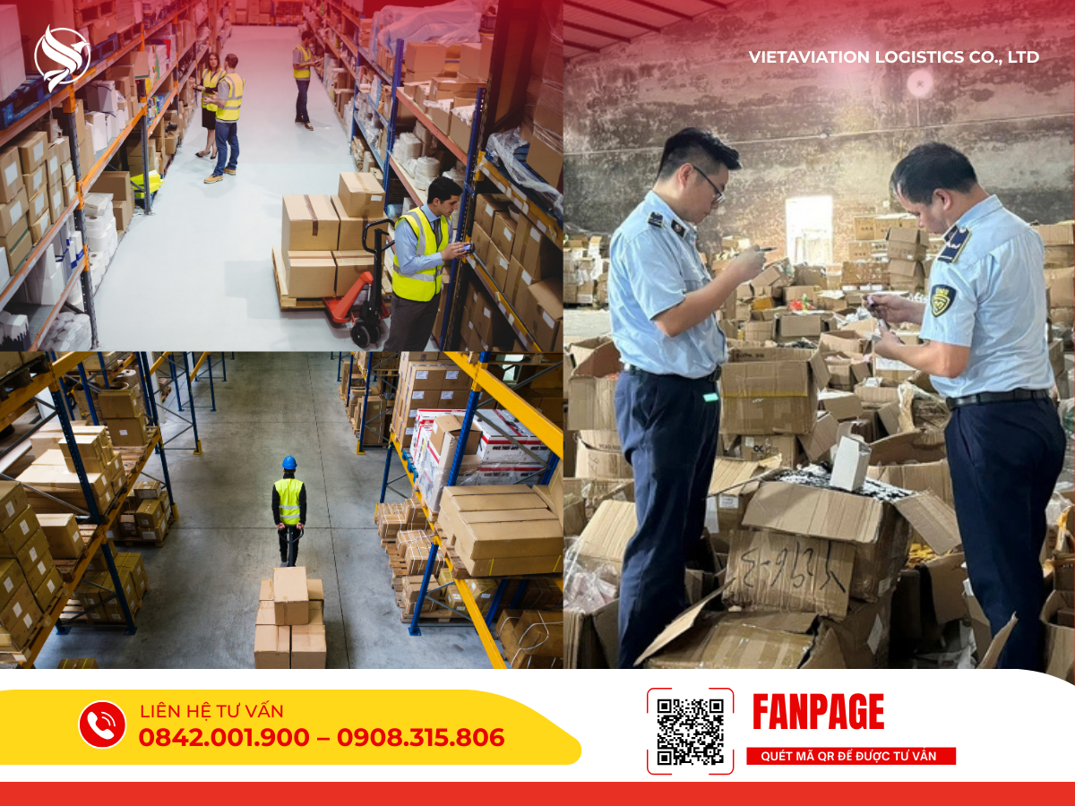 Hình ảnh ghép gồm các nhân viên mặc áo phản quang đang làm việc trong kho bãi và hai cán bộ hải quan đang kiểm tra chi tiết các kiện hàng carton.