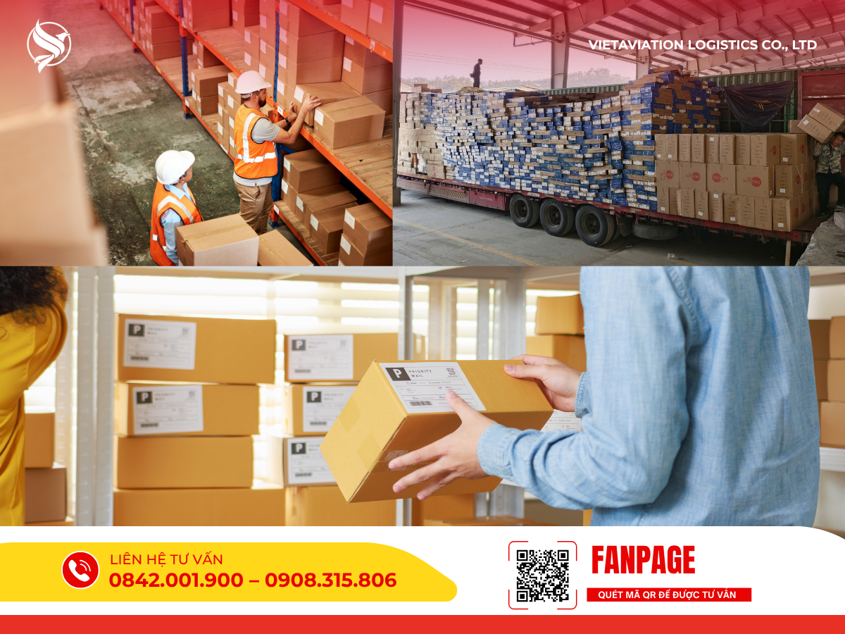 Hình ảnh ghép nhân viên kiểm tra kho, bốc xếp và đóng gói thùng hàng.