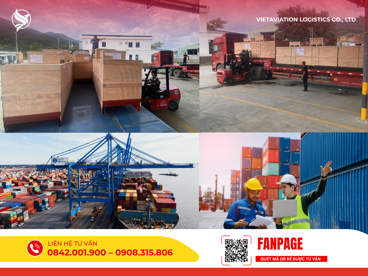 Hình ảnh ghép bốc xếp kiện gỗ lớn và kiểm tra hàng.