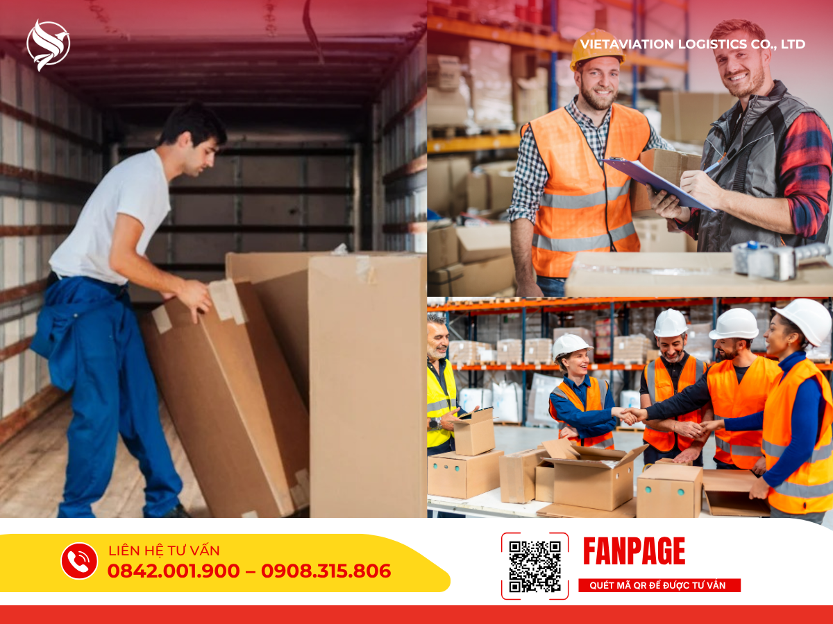 Hình ảnh ghép nhân viên bốc xếp hàng, kiểm tra chứng từ và bắt tay đối tác.