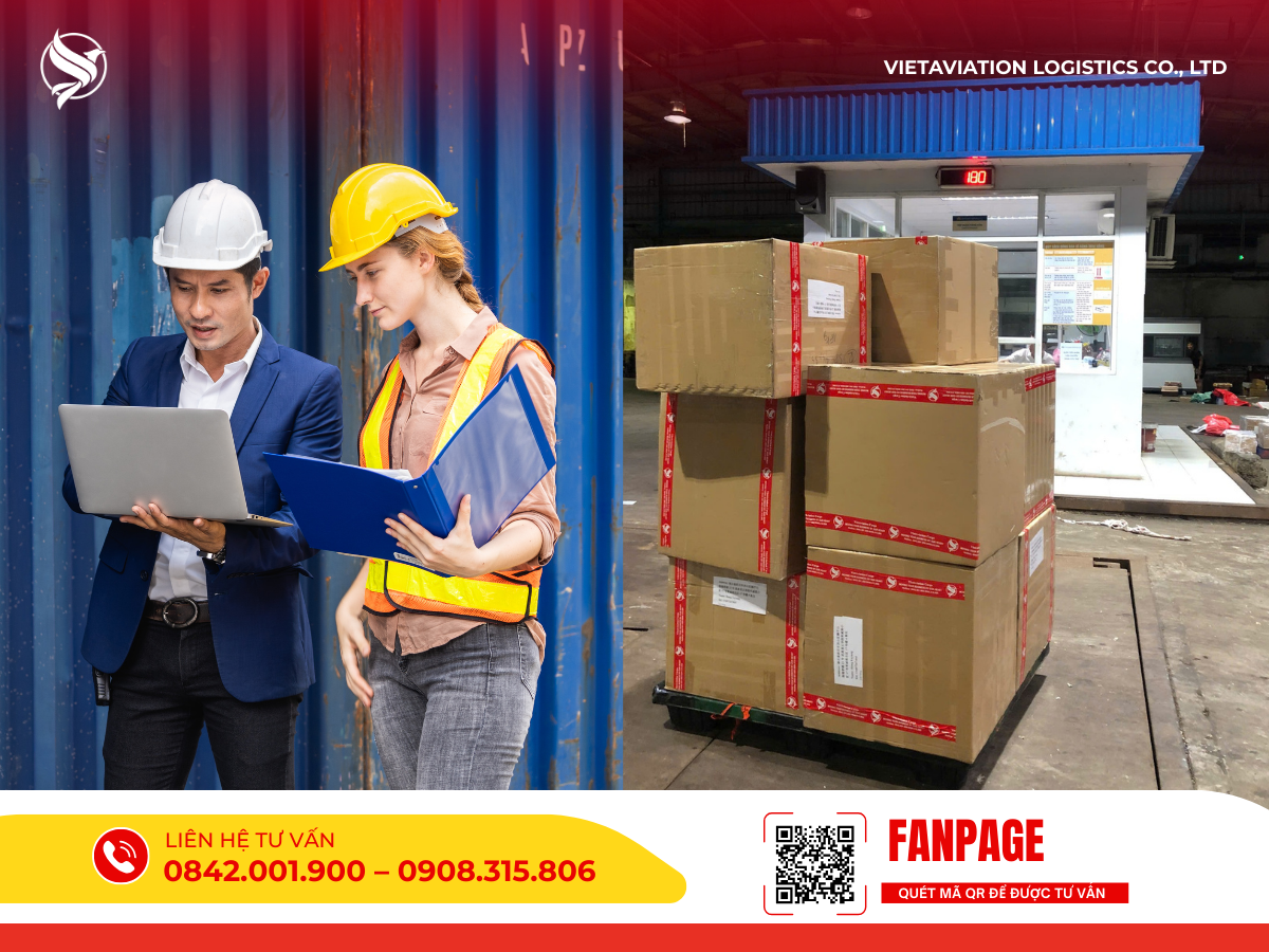 Hình ảnh ghép hai người đang kiểm tra thông tin trên máy tính xách tay trước dãy container và các thùng carton được xếp gọn gàng trên bàn cân điện tử tại kho bãi.