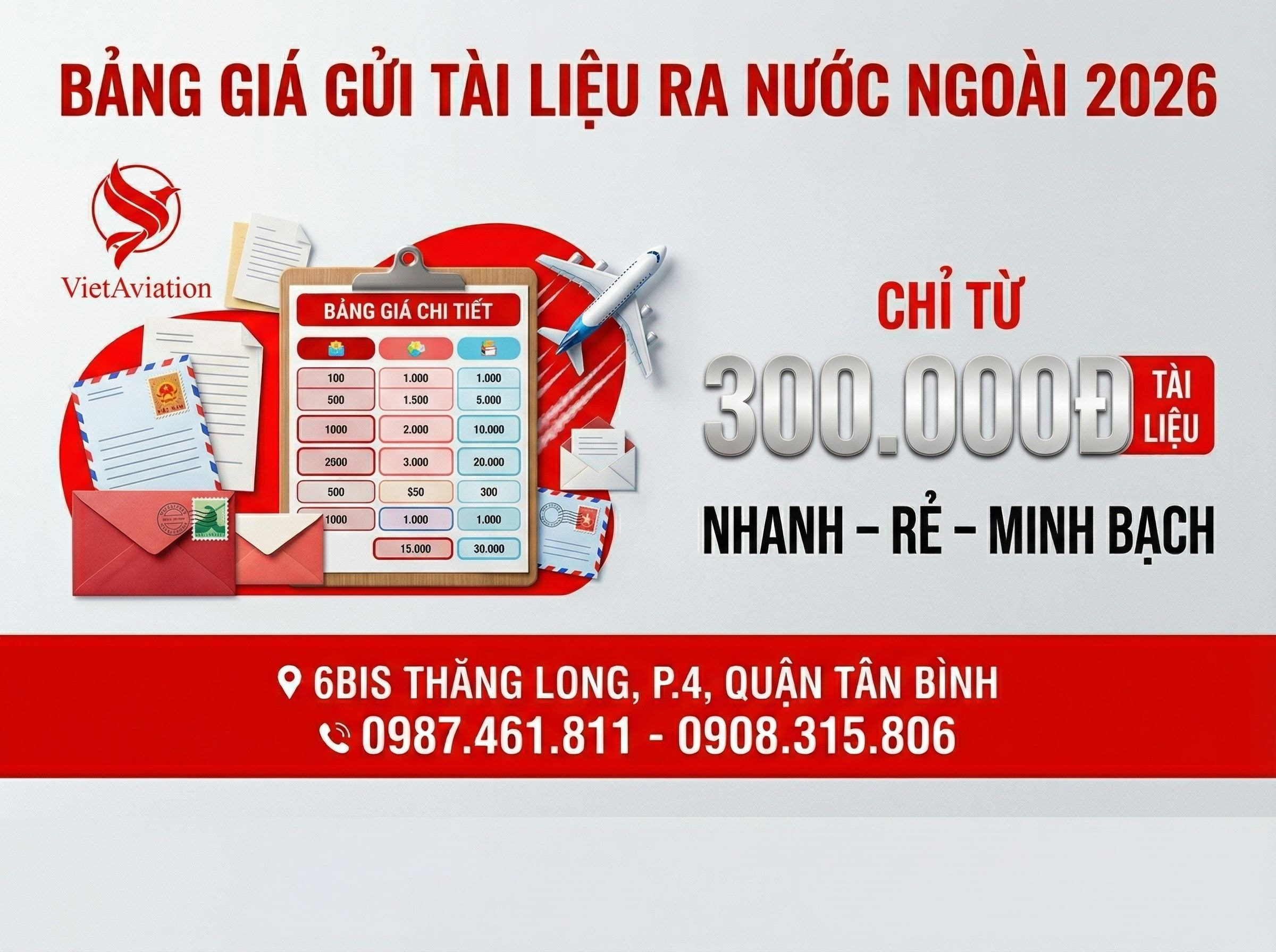 Bảng giá gửi tại liệu ra nước ngoài mới nhất 2026 tại VietAviation
