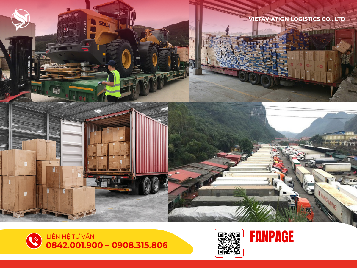 Hình ảnh tổng hợp quy mô năng lực vận tải: Từ vận chuyển máy móc siêu trường siêu trọng, bốc xếp hàng hóa tại kho bãi rộng lớn, cho đến hàng dài xe tải nối đuôi nhau chờ thông quan tại cửa khẩu.