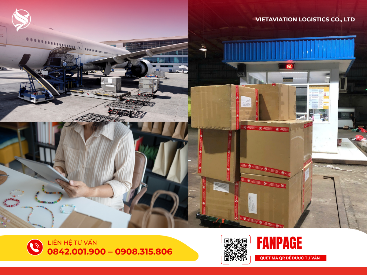 Hình ảnh ghép mô tả quy trình bốc xếp hàng lên máy bay cargo, kiểm kê trang sức và đóng gói bưu kiện tại sân bay.