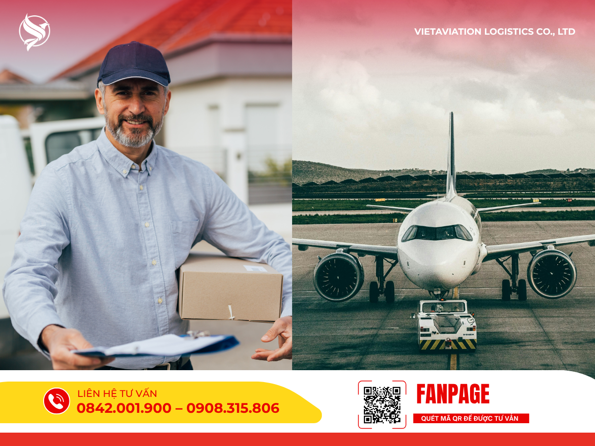 Hình ảnh ghép nam nhân viên cầm bưu kiện, chứng từ và máy bay đang đậu trên đường băng.