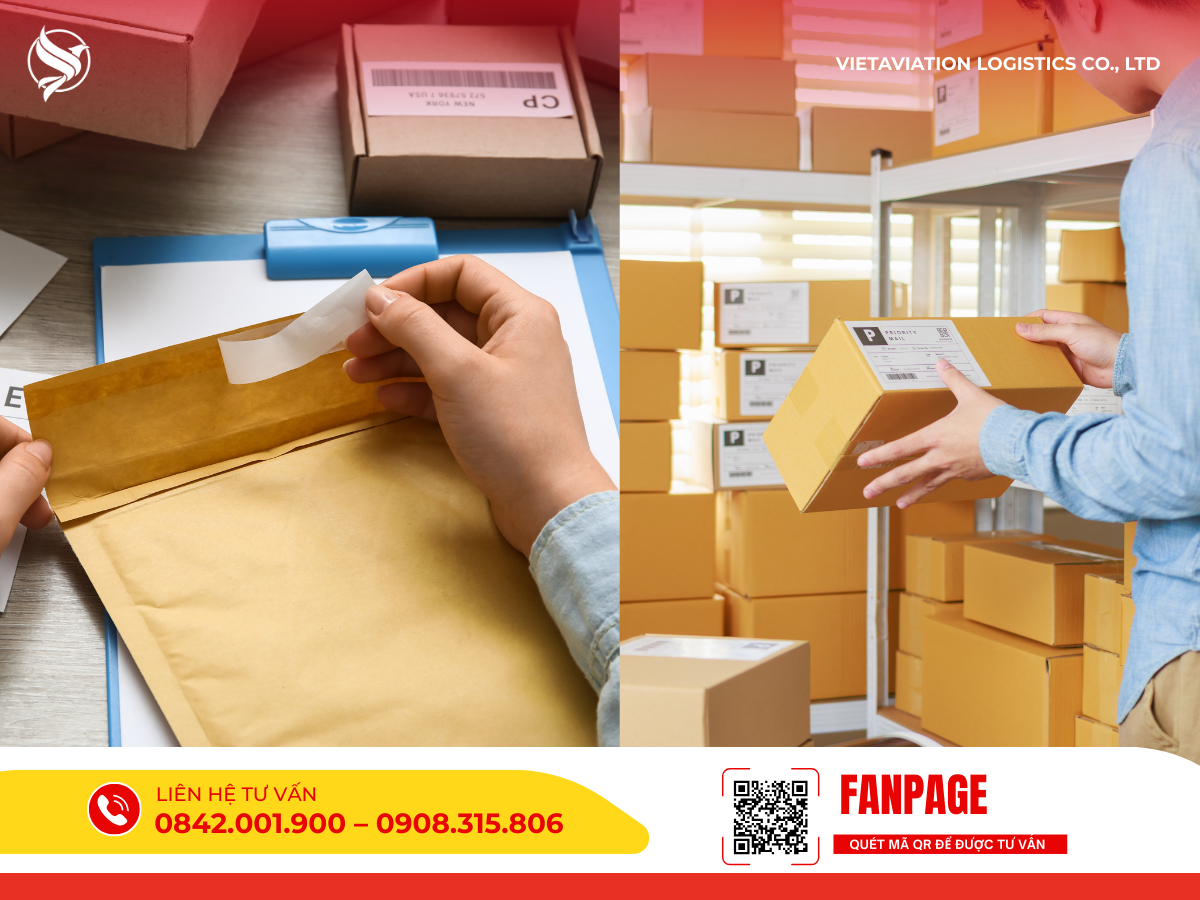 Hình ảnh ghép một người đang bóc lớp keo dán niêm phong phong bì tài liệu màu nâu và một người đang dán nhãn vận chuyển lên thùng carton.
