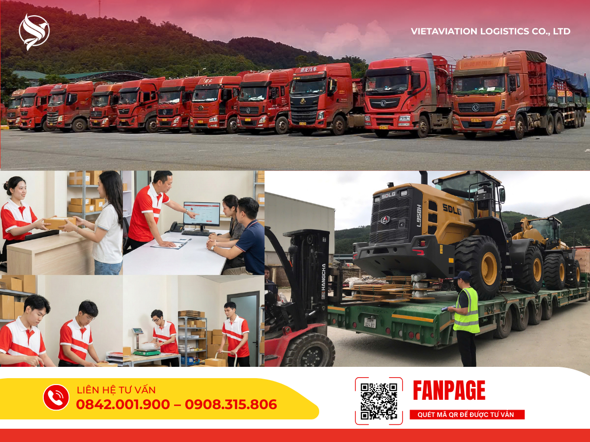 Hình ảnh tổng hợp toàn cảnh năng lực vận hành quy mô lớn của VietAviation: từ dàn xe đầu kéo hùng hậu xếp hàng chờ lệnh, chuyên viên tận tình tư vấn chứng từ tại quầy, khâu cân đo đóng gói tỉ mỉ cho đến hoạt động bốc xếp hàng máy móc siêu trường siêu trọng.
