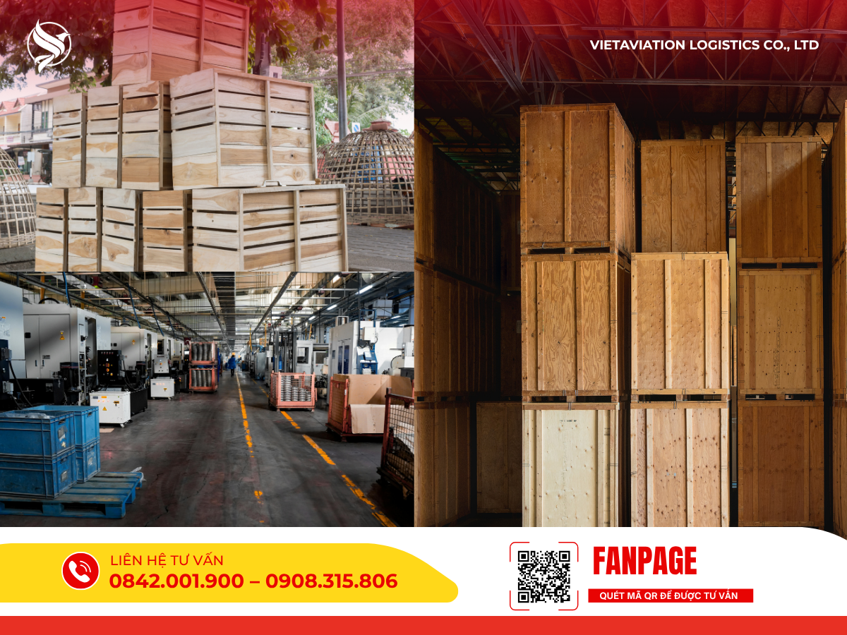 Hình ảnh ghép các kiện gỗ chứa hàng trong kho bãi.