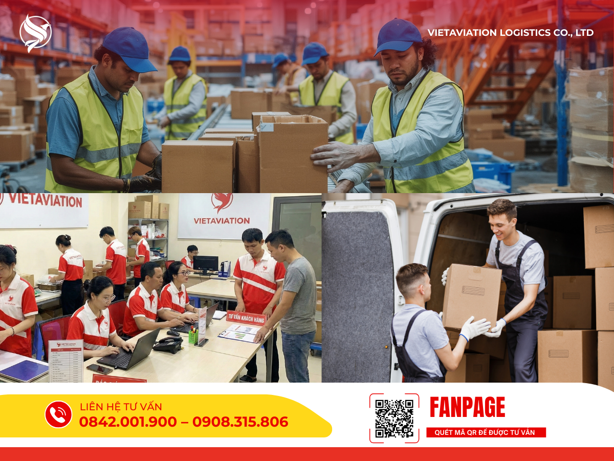 Hình ảnh tổng hợp đội ngũ nhân sự VietAviation đang vận hành đồng bộ: từ khâu công nhân bốc xếp tại kho bãi, chuyên viên xử lý chứng từ tại văn phòng, cho đến nhân viên giao nhận điều phối hàng lên xe tải.