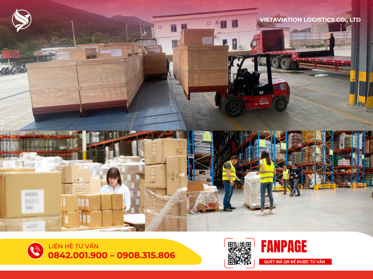 Hình ảnh ghép kho bãi, nhân viên kiểm hàng và xe nâng bốc xếp.