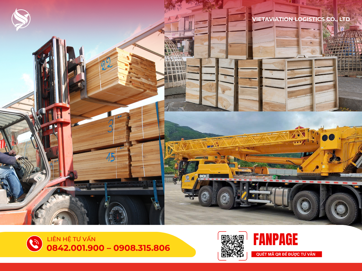 Hình ảnh ghép xe nâng chở ván gỗ, các kiện gỗ và xe cẩu lớn.