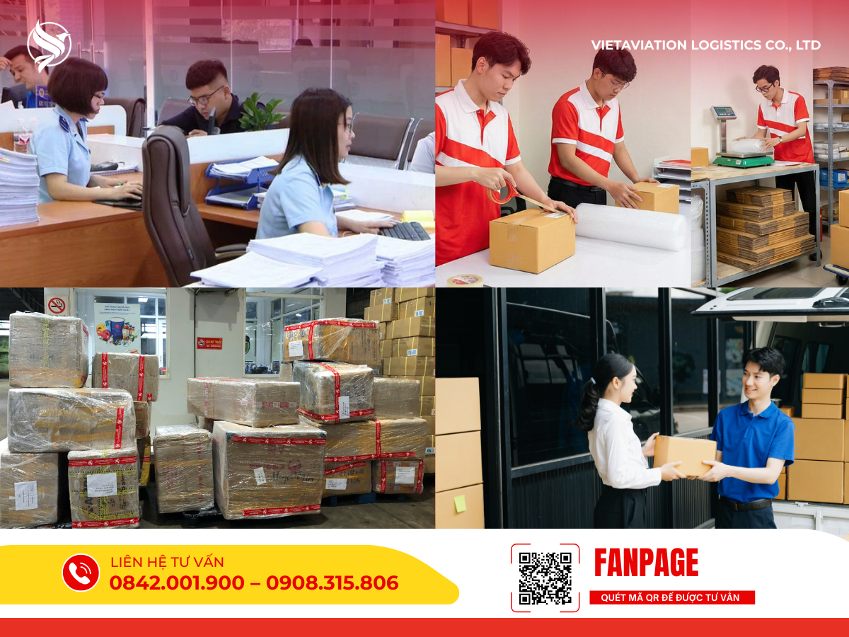 Hình ảnh tổng hợp quy trình làm việc chuyên nghiệp tại VietAviation: Từ khâu nhân viên tư vấn xử lý hồ sơ, đội ngũ đóng gói dán băng keo cẩn thận, bọc màng co bảo vệ hàng hóa tại kho, cho đến lúc giao nhận tận tay khách hàng.