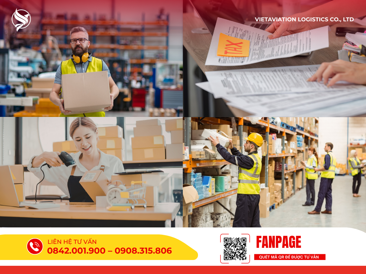 Hình ảnh ghép mô tả các hoạt động logistics bao gồm nhân viên khiêng thùng carton, kiểm tra hồ sơ thuế, quét mã vạch bưu kiện và sắp xếp hàng hóa trên kệ kho.