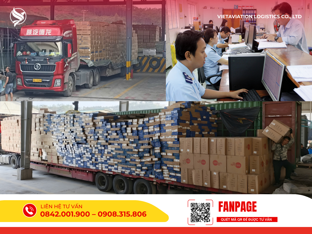 Hình ảnh nhân viên xử lý thủ tục và bốc xếp hàng hóa xuất khẩu.